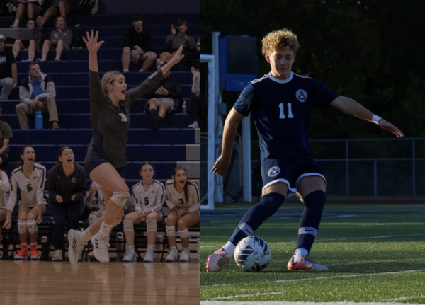 Left: Following a drawn-out point, senior Addie Henderson and her team jump and cheer in excitement. (Sophie Rosser)
Right: Sophomore Chase Radeke dribbles up the field. (Madi Scott)